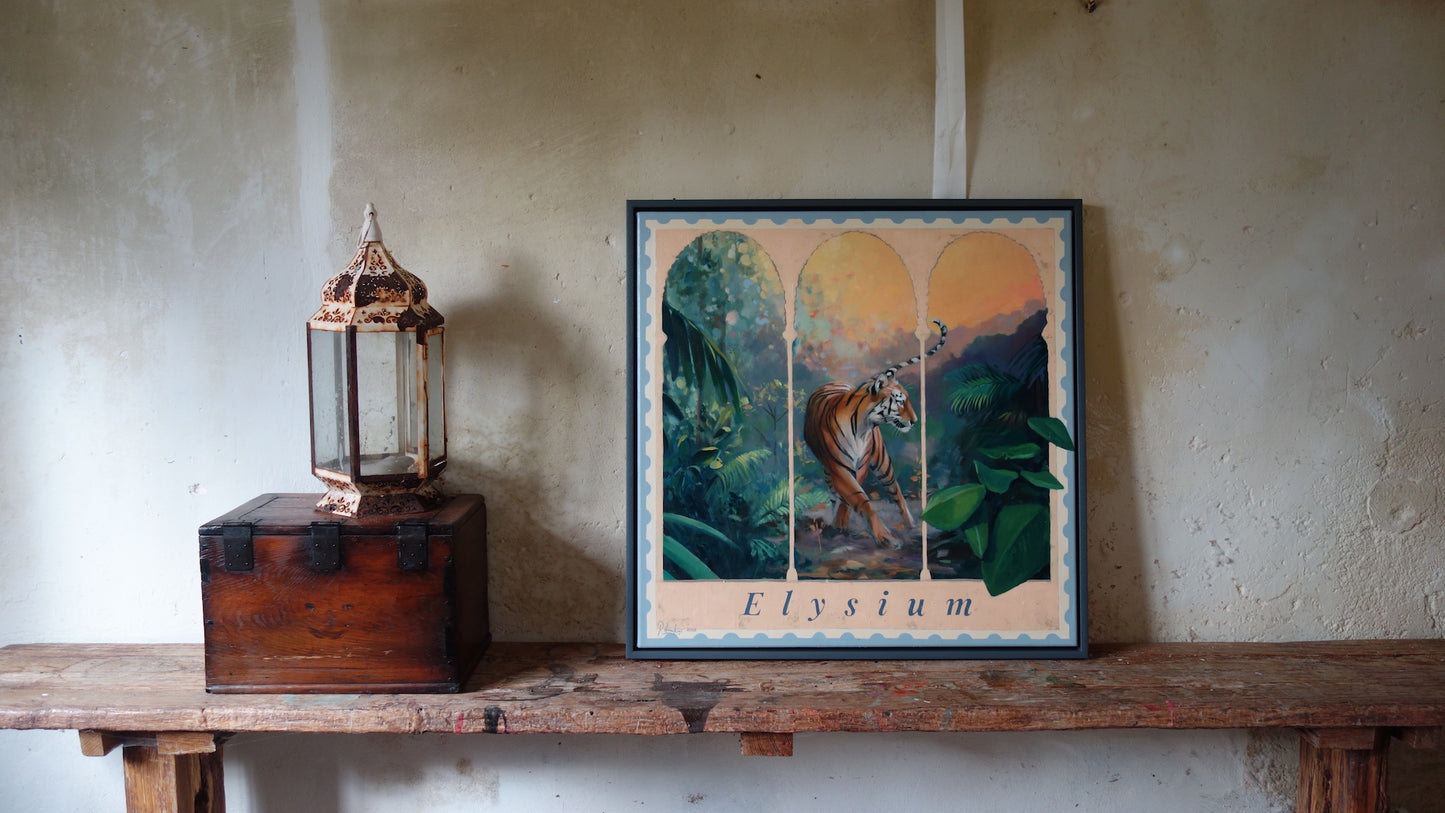 Contemporary art work. Tiger painting in situ on shelf. Interior design. Pete Hawkins