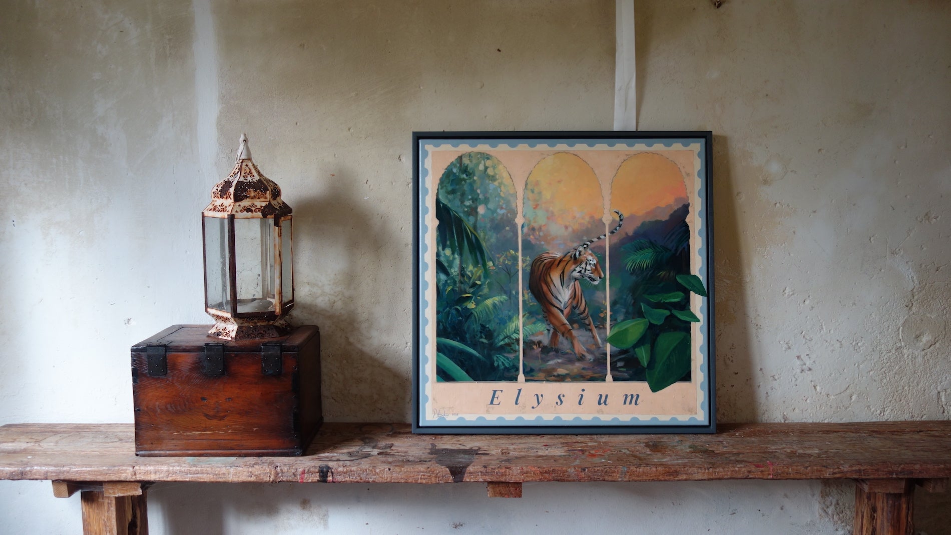 Contemporary art work. Tiger painting in situ on shelf. Interior design. Pete Hawkins