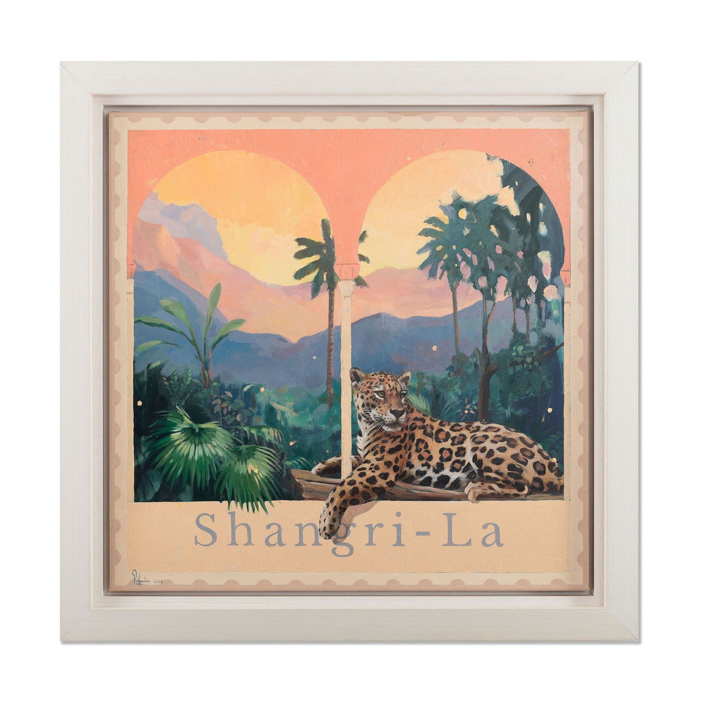 Framed contemporary artwork of leopard and palm trees. By Pete Hawkins