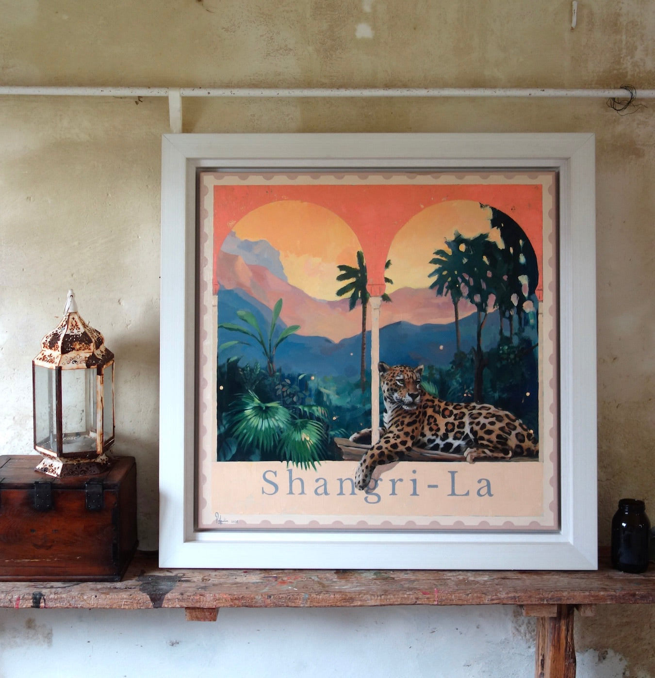 Framed painting of a leopard. Contemporary artwork by Pete Hawkins. Shangri-la