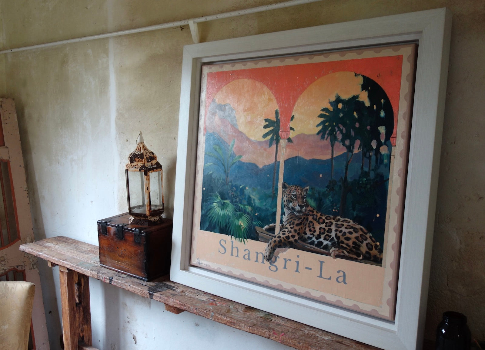 Framed artwork of leopard and palm trees. Original collectable by Pete Hawkins