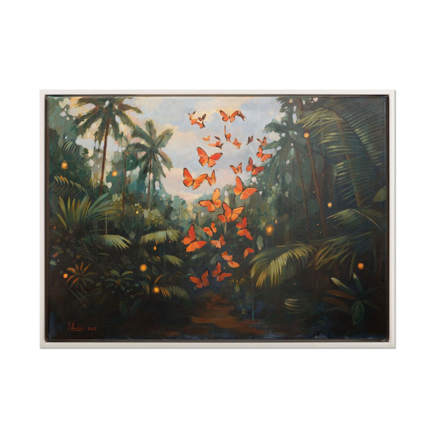 framed original painting by Pete Hawkins of butterflies in the rainforest.