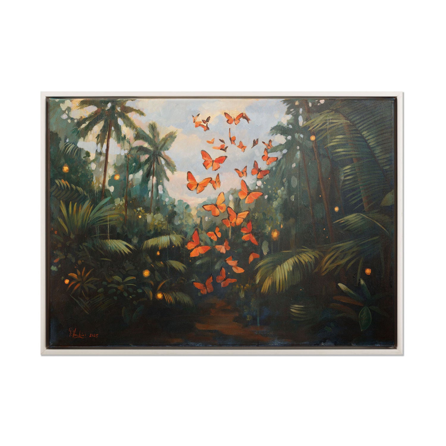 framed original painting by Pete Hawkins of butterflies in the rainforest.