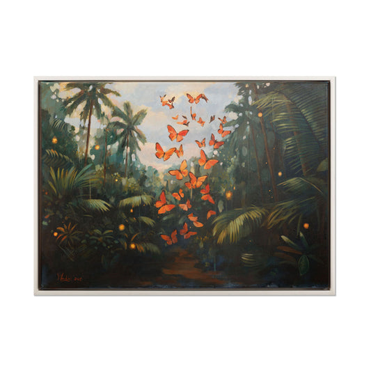 framed original painting by Pete Hawkins of butterflies in the rainforest.