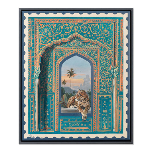 Decorative original oil painting by Pete Hawkins - Leopard and palm trees.