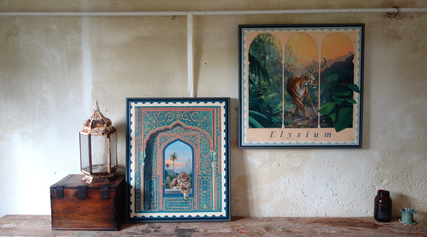 Two framed artworks. Arch ways with nature beyond. Contemporary painting. Interior design. Original art by Pete Hawkins